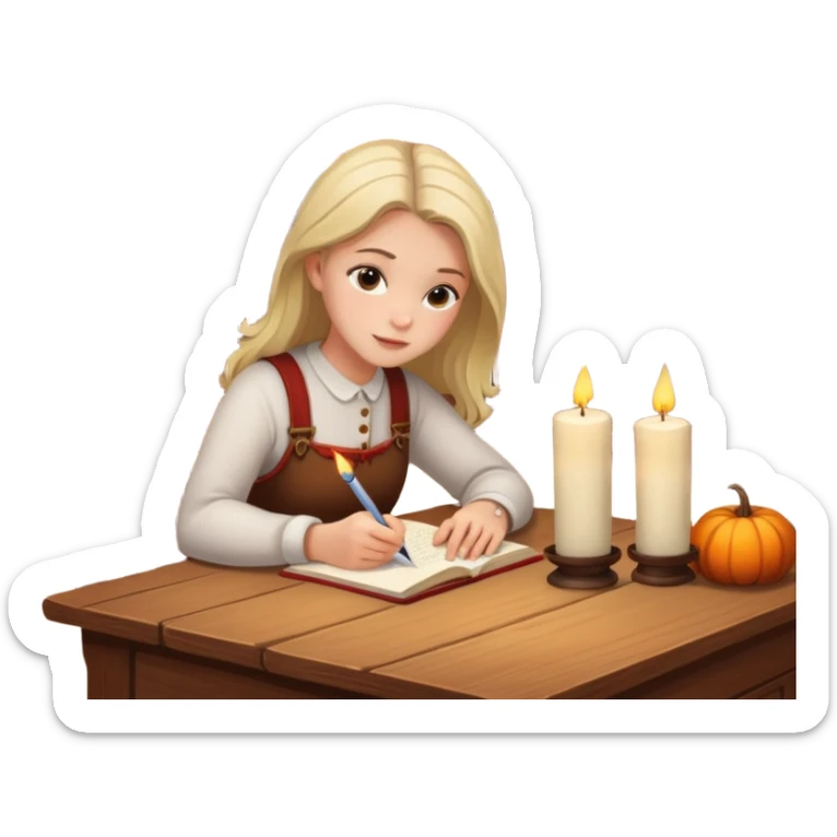 Girl writing in a journal on a desk with a candle on it, window with fall scenery in background sticker