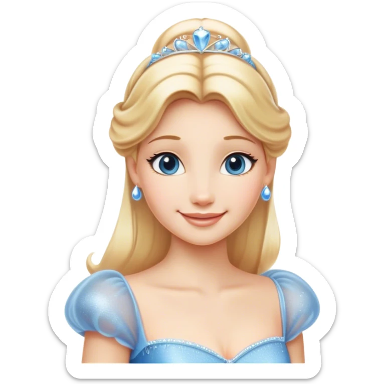 Cinematic Radiant Cinderella Portrait Emoji, rendered in a clean vector-style with bold proportions. Show Cinderella with a warm, serene smile, fair skin, and lustrous blonde hair, wearing a simple yet elegant dress that shimmers with gentle light. The image glows with an inviting, soft radiance and high shine, embodying timeless beauty. sticker