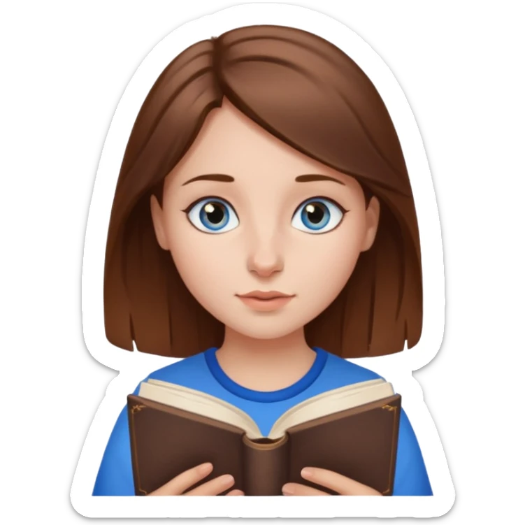 A girl with brown hair, blue eyes, and a nose piercing reading a book sticker