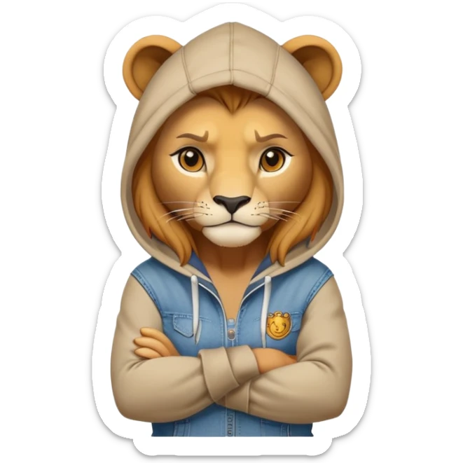 determined anthropomorphised female lion in a hoodie and jeans with arms folded, energetic pose sticker