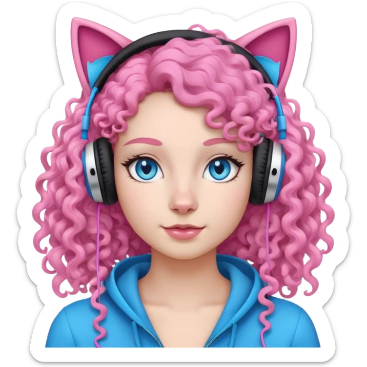 A woman with curly half black half white long hair and bright blue eyes wearing pink cat over the ear headphones sticker