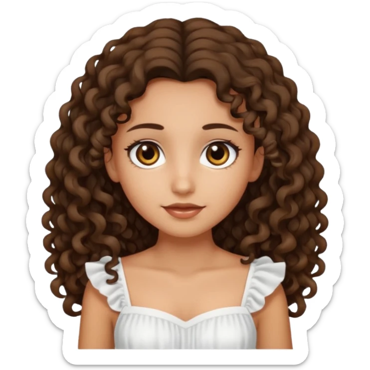 Light tanned skin girl with dark brown very long curly hair, dark eyes, white dress  sticker