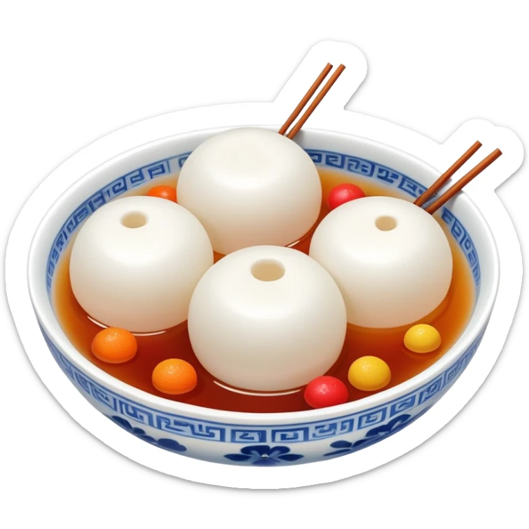 Lantern Festival tangyuan sweet rice balls in syrup with festive elements, simplified emoji style with bold outlines and bright colors, cartoon style colorful glutinous rice balls sticker