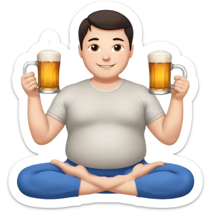 big white guy sitting in yoga pose, winter dressed, short dark hair, holding beer mugs in two hands, sitting sticker