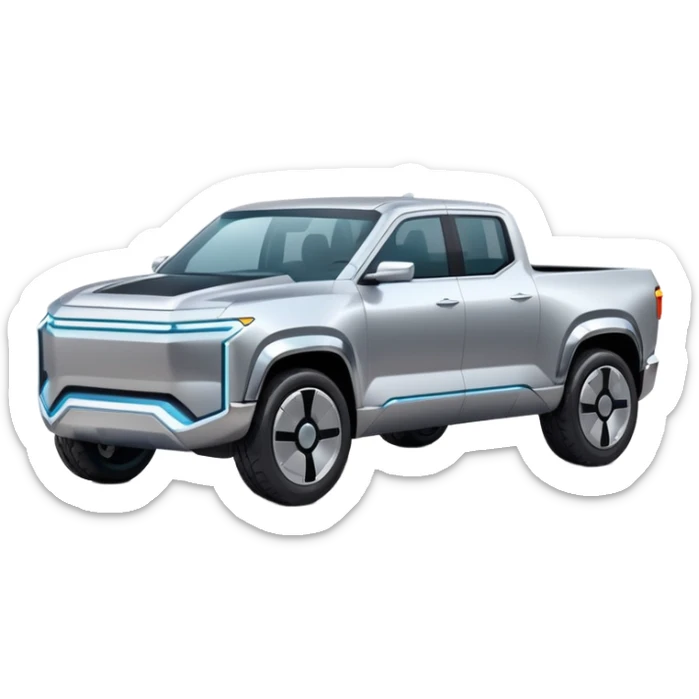 A futuristic electric pickup truck emoji, silver chrome body, angular cyber design, smooth metallic panels, subtle reflections, minimalistic proportions, iOS emoji style, centered composition, clean white background, soft lighting sticker