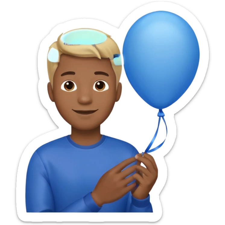 dark brown skin, blonde hair man hold blue balloon sticker