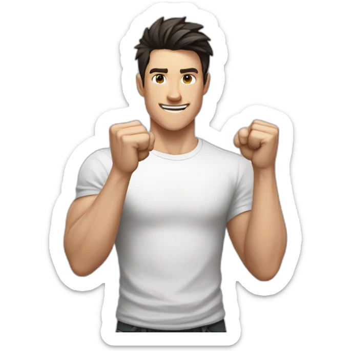 dark haired white young man in white t-shirt raising both fists in victory sticker
