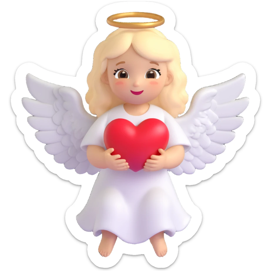 cute angel holding a red heart, Microsoft fluent style, soft shading, golden halo, white wings, joyful expression sticker
