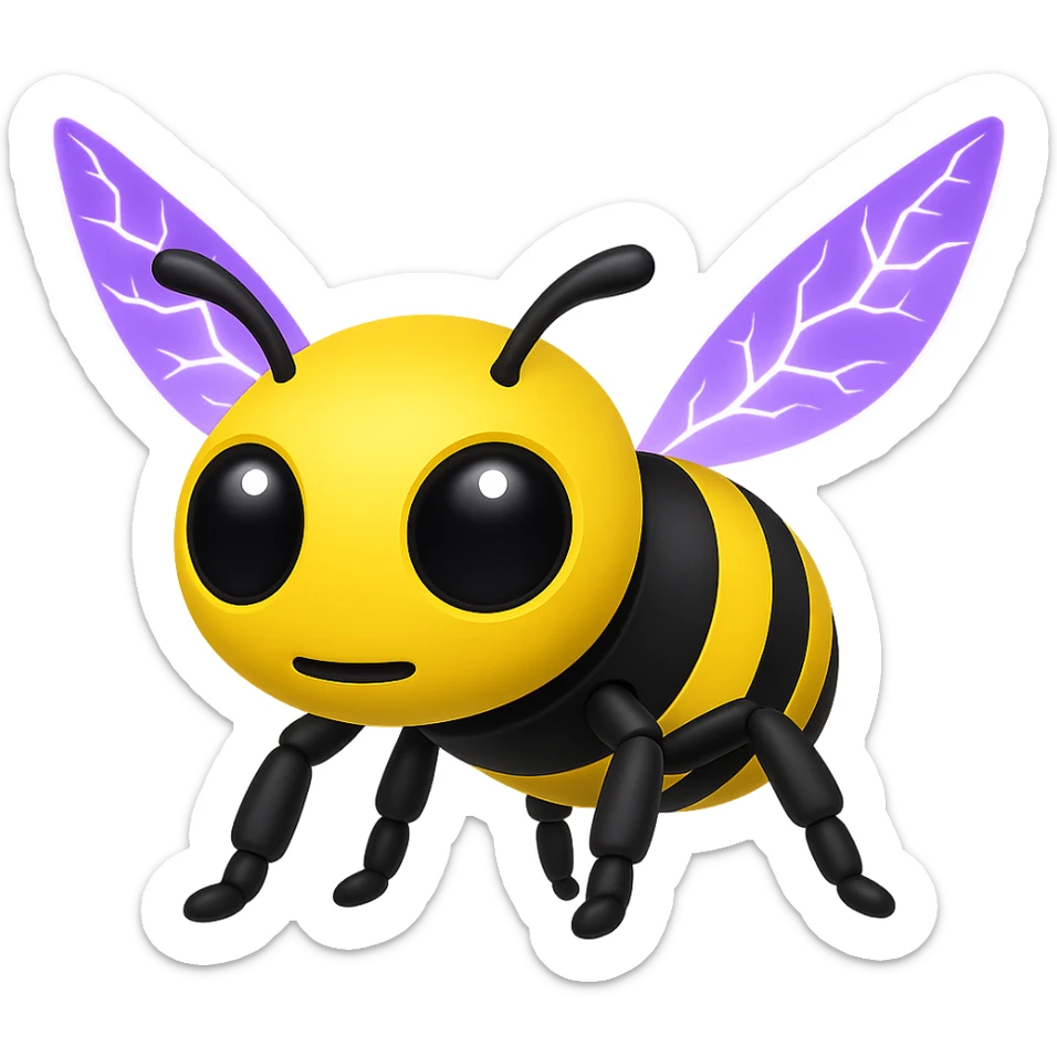Create a robotic bee with purple crackling energy wings in the style of apple emojis, focusing on concise and clear emoji style representation. sticker
