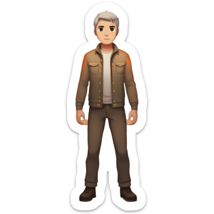 a man standing at the edge of a burning bridge, determined gaze, chest glowing with fire-shaped light, shadows dissolving into ash behind him sticker