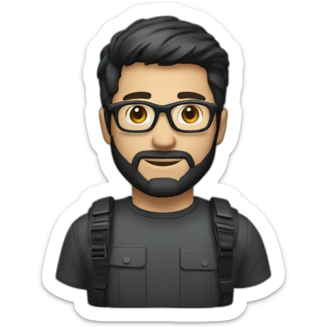 masculine man with dark glasses, short dark hair, and short beard with a camera sticker