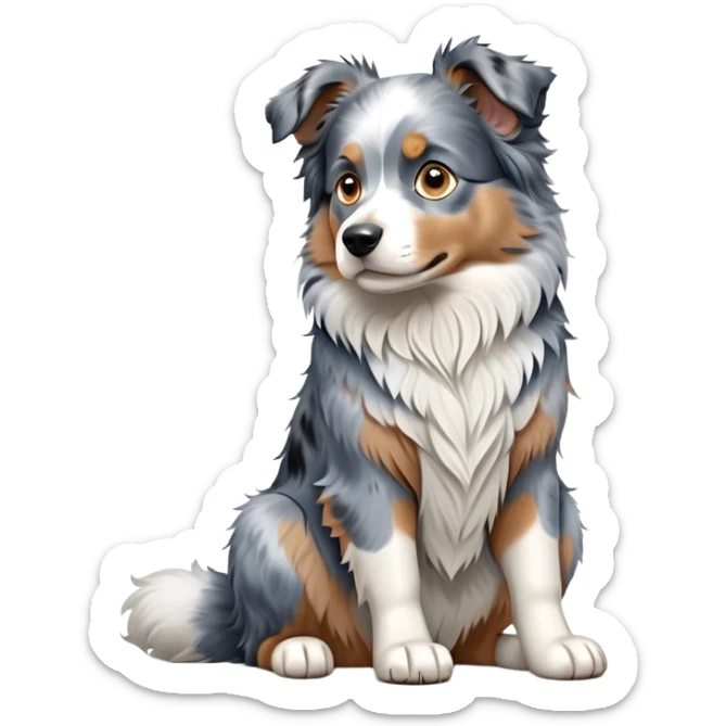 cinematic-[australian shepherd dog]-realistic-full-body-sitting-emoji,-tail-resting-loosely-beside-its-paws,-head-tilted-dramatically,-scruffy-[blue merle]-fur,-simplified-yet-realistic-focused-features,-highly-detailed,-glowing-with-an-almost-sarcastic-glow sticker