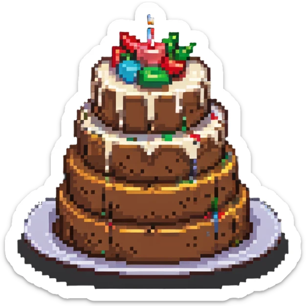 pixel art of a cake with multiple bites taken out of it sticker
