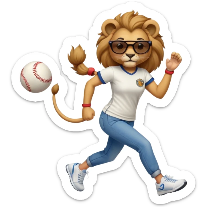 friendly anthropomorphised female lion wearing a baseball shirt, jeans, trainers, dark sunglasses, jogging upright, dominant confident expression sticker