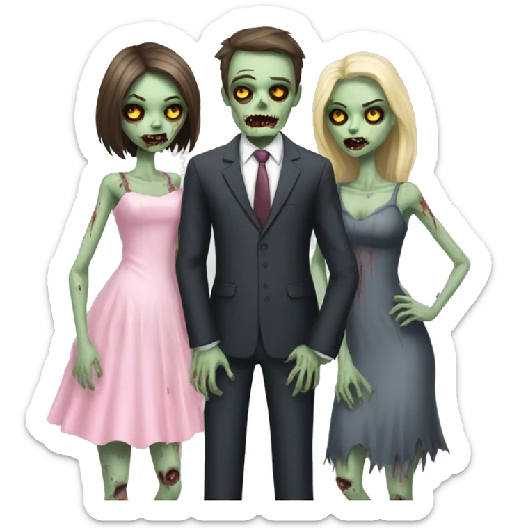 2 zombie girls wearing dresses one zombie man in suit sticker