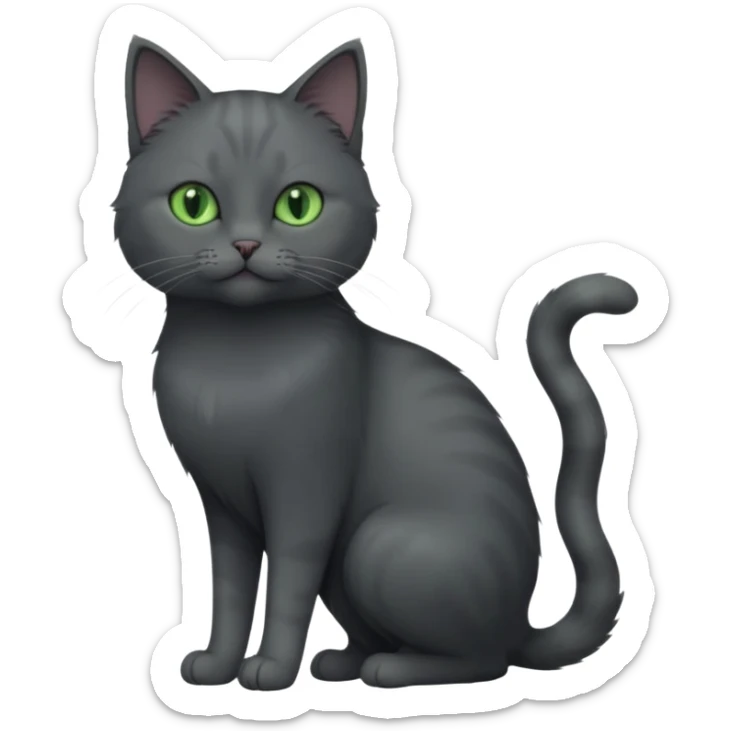 full body view of beautiful female solid dark grey cat with green eyes, grey face, white toes and white patch on chest sticker