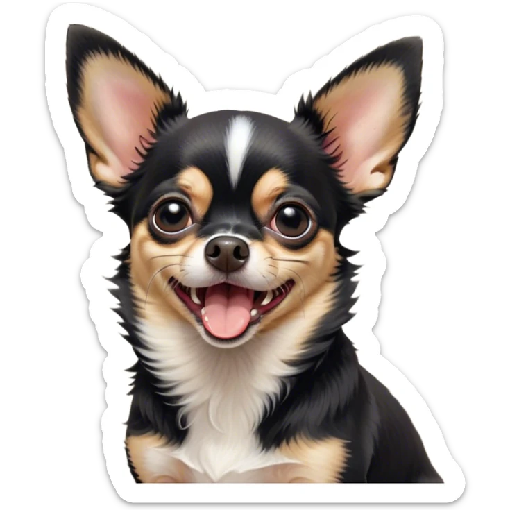 Cinematic Cute Yawning Black Tri Short Haired Chihuahua Portrait Emoji, Head tilted slightly with a dramatic, wide-open yawn, soft black tri-color fur with defined patches of white and tan, floppy ears slightly drooping, round dark eyes barely open in drowsy contentment, Simplified yet irresistibly adorable features, highly detailed, glowing with a soft, cozy glow, high shine, relaxed yet expressive, stylized with a touch of whimsy, bright and endearing, soft glowing outline, capturing the essence of a sleepy yet affectionate pup, so drowsy it feels like it could stretch right out of the screen and curl up for a nap! sticker