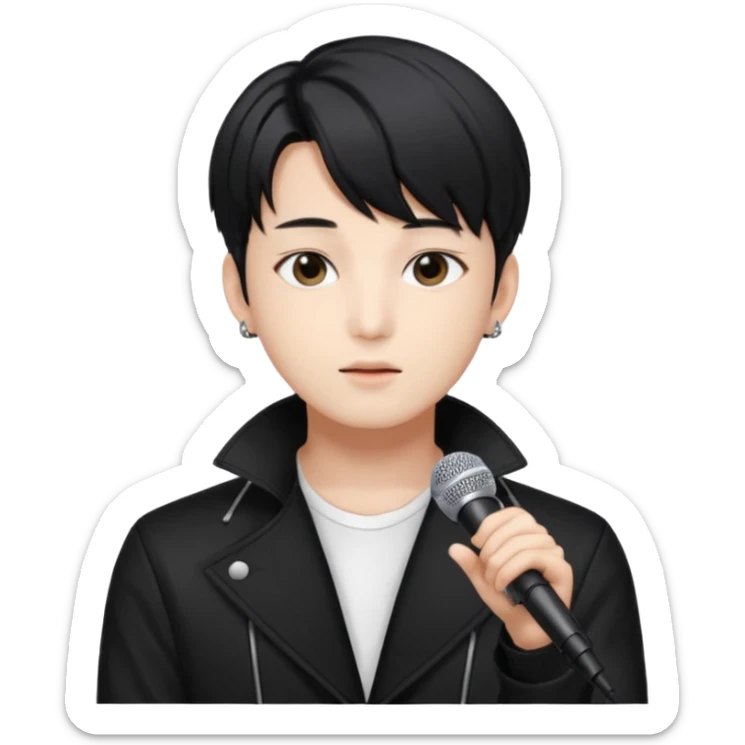 Draw a Korean male idol with black parted hair, earpiece mic & stylish stage outfit, inspired by Jungkook of BTS. sticker
