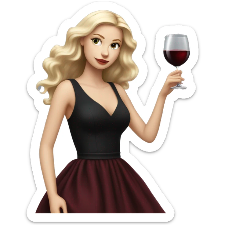 Blonde White girl in black Elegant dress with red wine, HYPER REALISTIC sticker