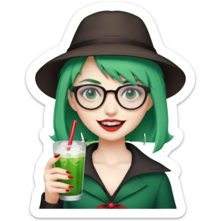 vampire green hair Drink holders with hat, wearing glasses, female,,teeth looks like vampire sticker