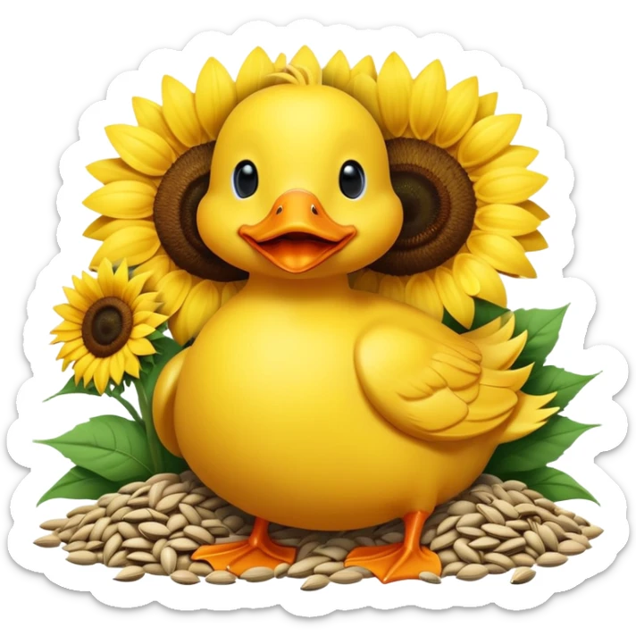 a happy duck with a pile of sunflower seeds sticker