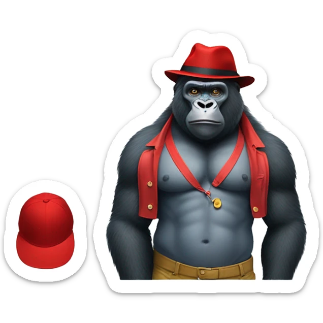 gorilla in paddington bear's  blueclothes and red hat, full body musular  sticker