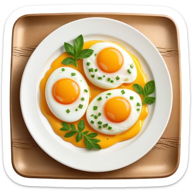 Cinematic sunny-side-up eggs, perfectly cooked with glossy yolks, crispy golden edges, sprinkled with fresh herbs, served on a rustic plate, bright and inviting, highly detailed and appetizing. sticker