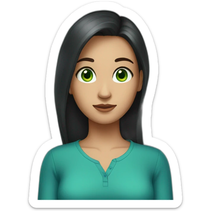 tall girl with dark long hair, green eyes, blue shirt sticker