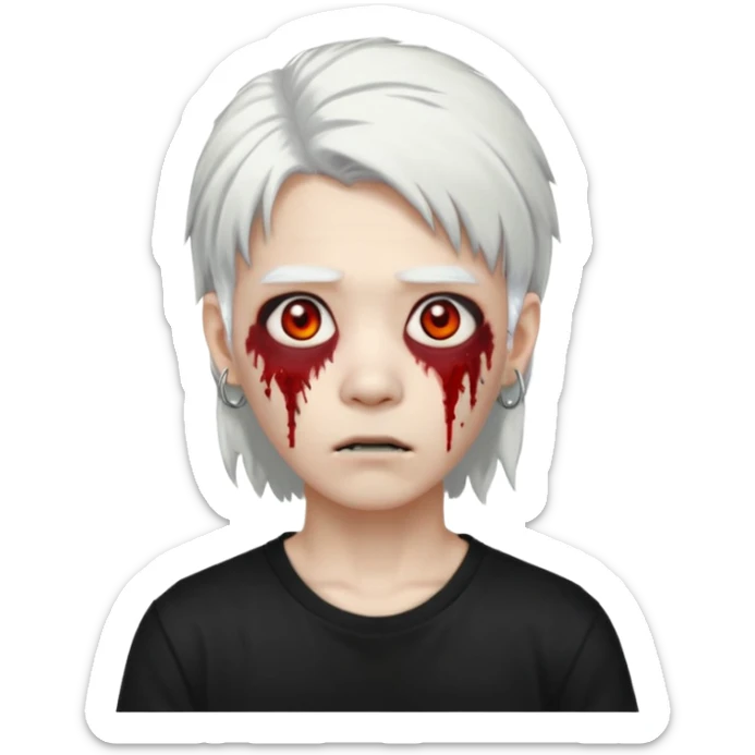ok make a zombie avatar that has pale skin more like zombie not human, young, asian, mullet hair, white hair with hoop earrings wearing just a black T shirt white blood from the eyes, p sticker
