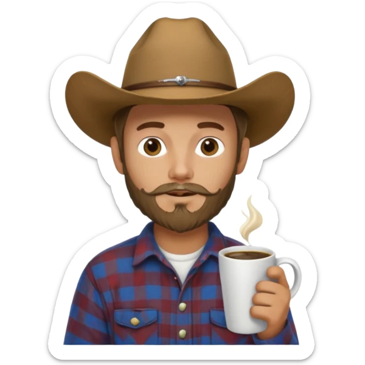 generate an ios genmoji of a 20 year old tan boy with a cowboy hat and mutton chop beard. Wearing a flannel and carrying a coffee mug sticker