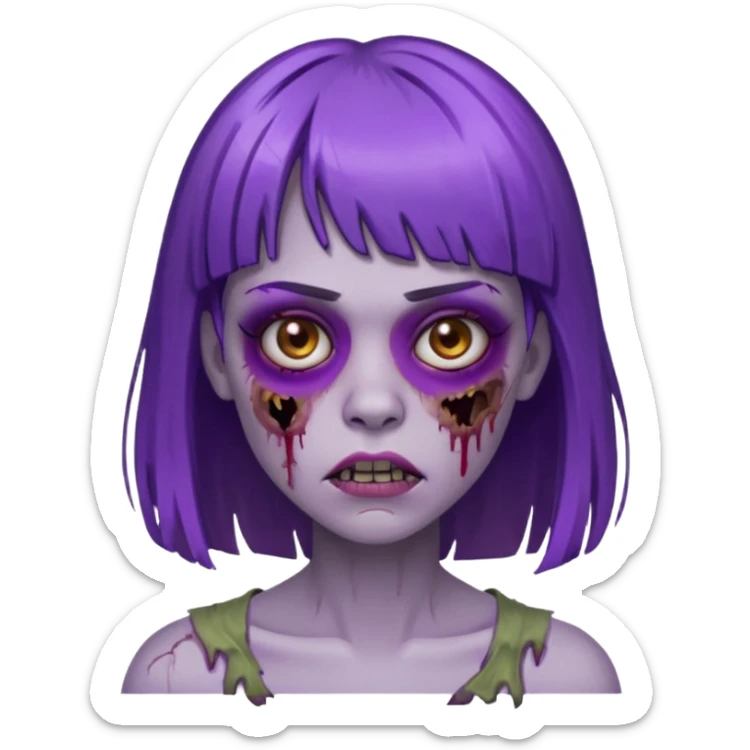 Zombie girl, with bangs above her eyebrows, purple highlights in her dark blonde hair, thin eyebrows. sticker