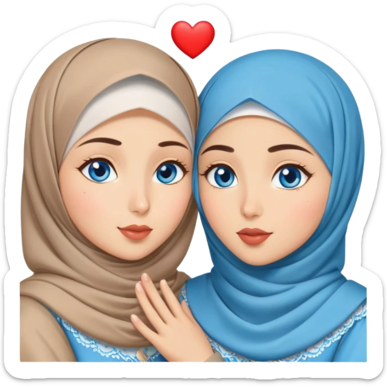 Two Turkish beautiful finish Konya friendly girls blue eyes with hijab and heart dress and Scattering kisses outside  sticker