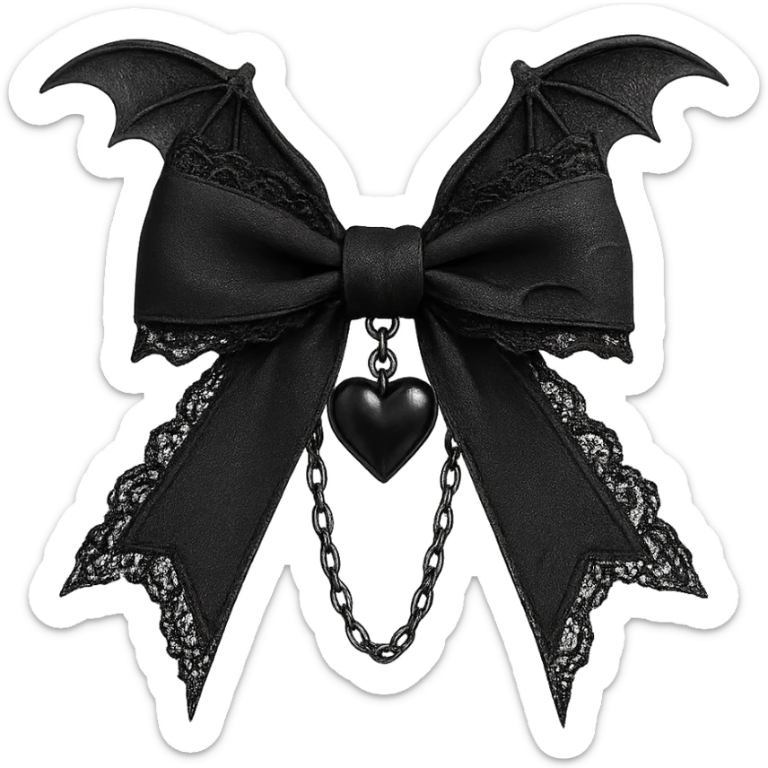 Edit the image to depict a black gothic bow with black lace trim, a heart charm, bat wings, and silver chains. The background should be removed. Maintain a gothic style with detailed lace, winged elements, and metallic silver chains for a dark, elegant look. sticker