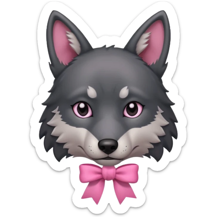 Pleading sad Face cute dark grey  black wolf with a pink ribbon on his ear head sticker