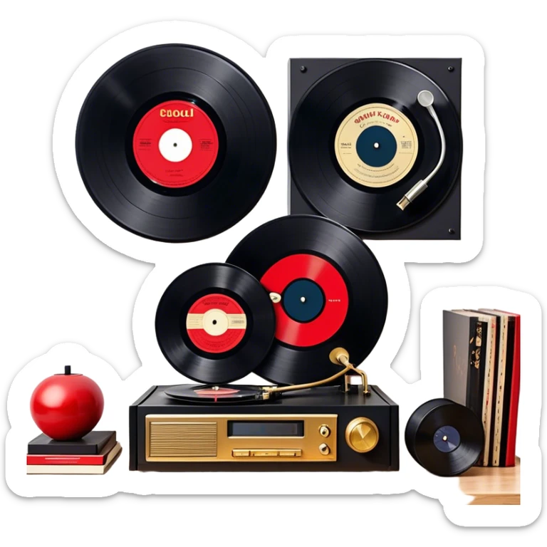 Icon for Vinyl Record Collecting: large black, golden and red vinyl records in decorative packaging featuring artist images, neatly arranged on a wall or shelf, modern vinyl record player. The icon should reflect the aesthetic and artistic aspect of collecting vinyl records. Transparent background. sticker