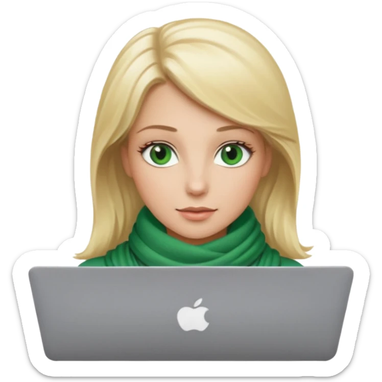blond women skine , with green eyes , with scarf . with macbook sticker