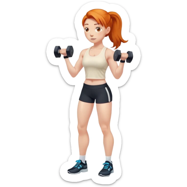 Ginger gym girl standing sideways with dumbbells and cream tank top sticker