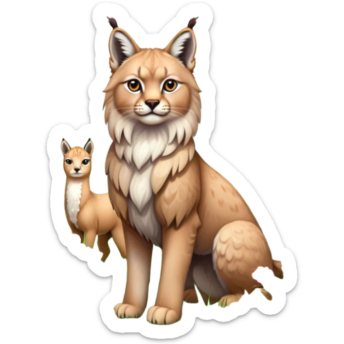 Collage of exotic animals: a lynx with striking eyes, and a fluffy alpaca standing in a lush meadow. The lynx gazes intently while the alpaca looks calm and curious. Surrounded by vibrant plants and flowers. Transparent background for a lively, colorful scene. sticker