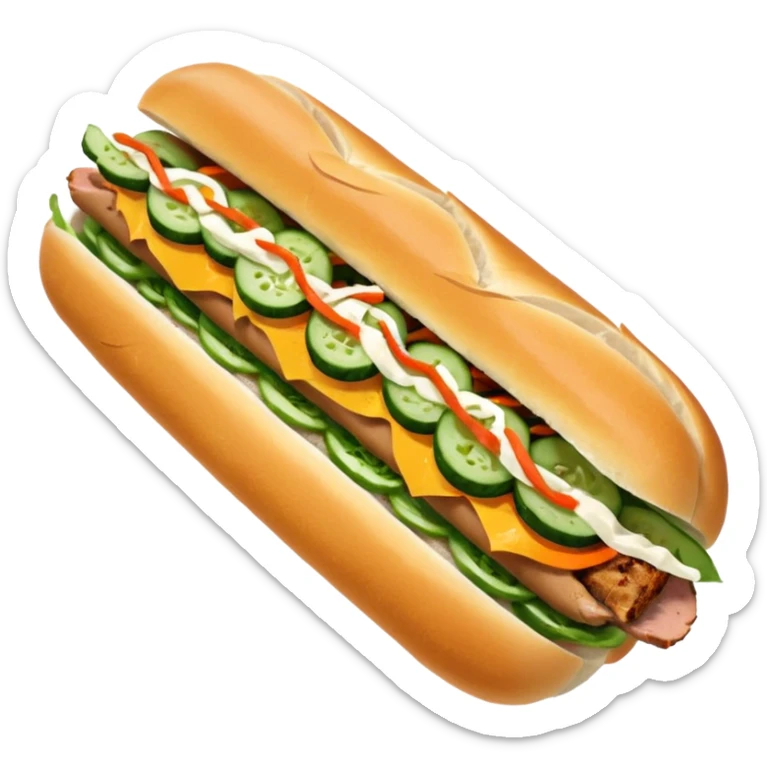 traditional banh mi with char grilled pork emoji 


    Very crusty baguette

    Mayo 

    Pickled carrot 

    Cucumber, coriander/cilantro, green onion, chilli 
 sticker