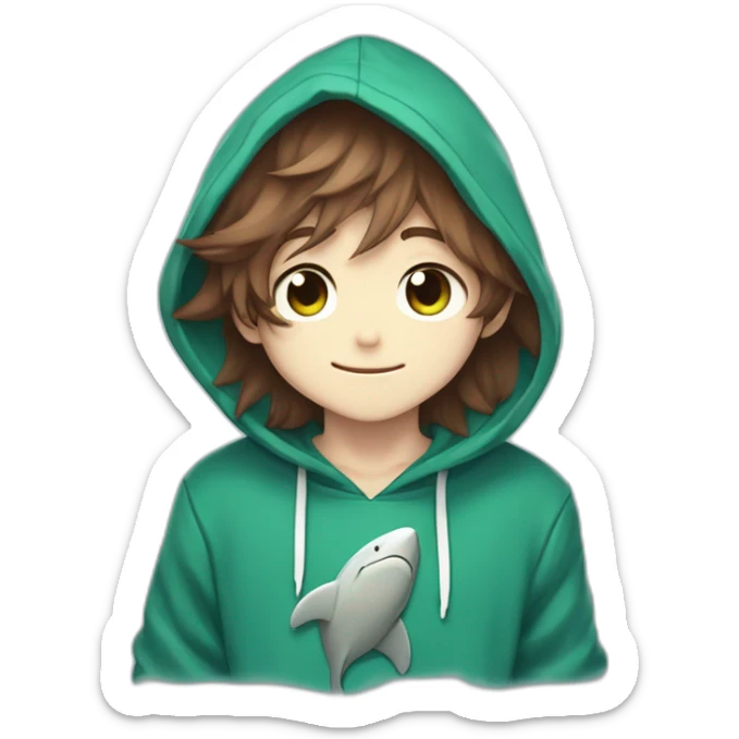 Cute anime boy with long fluffy brown hair and brown fluffy ears wearing a blue shark hoodie with emerald green eyes waving hi sticker
