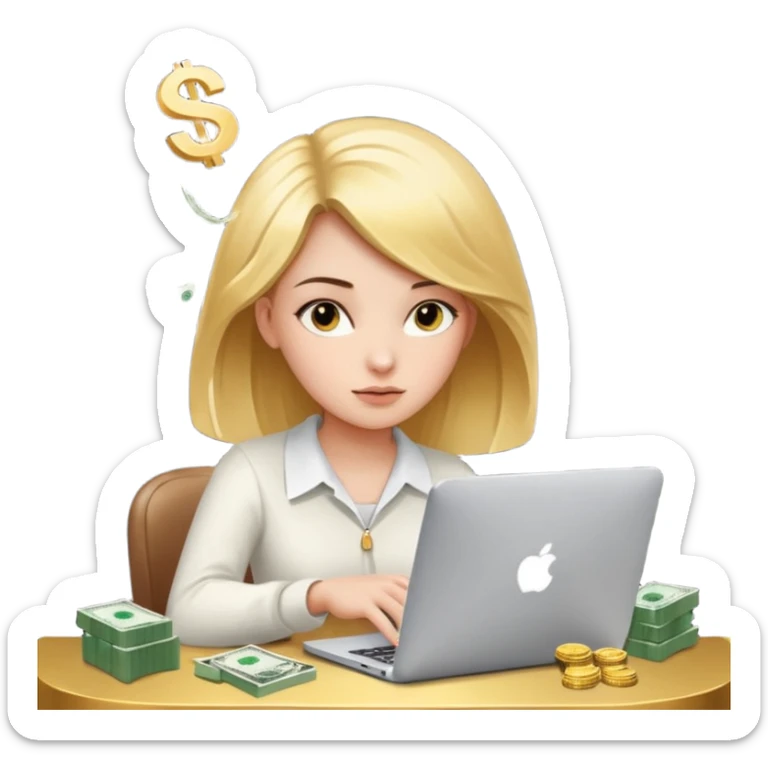 Girl who is trading options on her computer with $ signs in air sticker