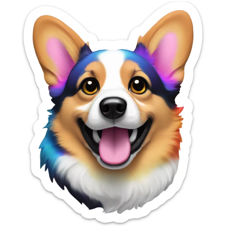 Tri-colored corgi with black near temples in the style of Lisa Frank sticker