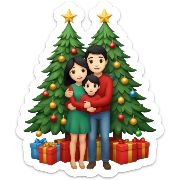 Generate Christmas-style emojis  family. Where light-skinned people stand near the tree all together, hugging and smiling. 2 girl should be Light-haired woman, 1 woman black-haired woman, and 1 man  sticker