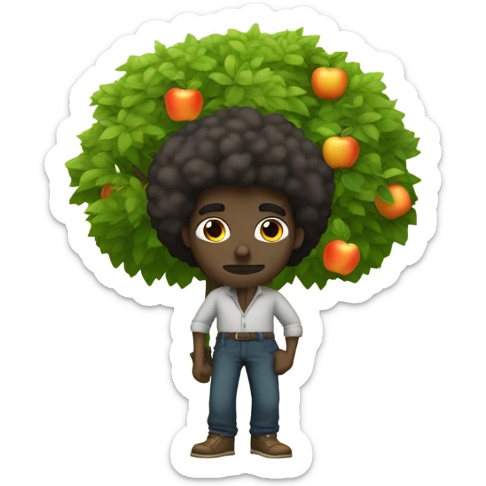 dark skinned man with afro hair with baggy pants smoking an orange under an apple tree sticker