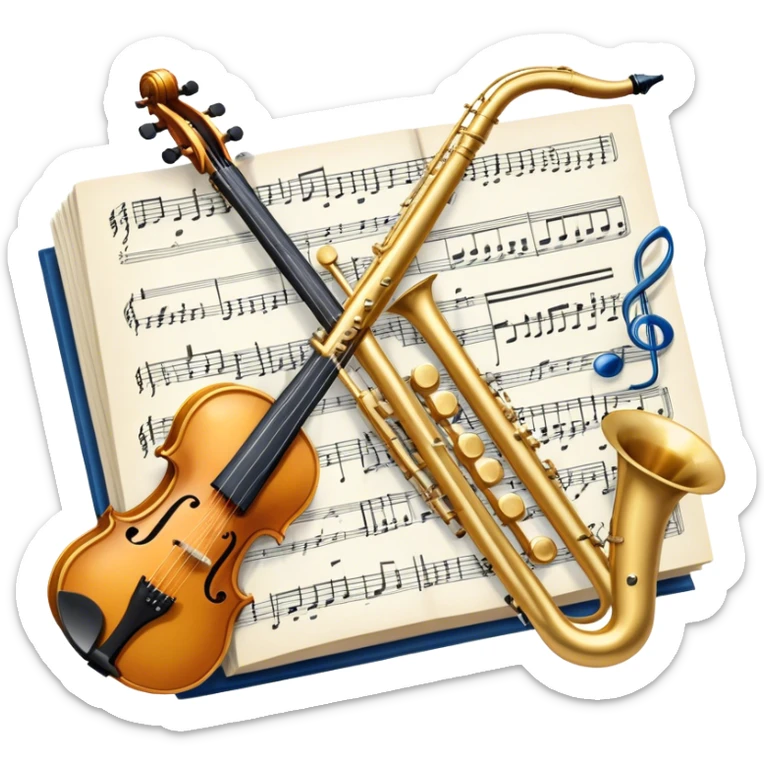 Create an elegant and artistic emoji that represents music arrangement and orchestration. The design should feature a conductor's baton, musical scores, and various orchestral instruments (e.g., violin, trumpet, electric guitar, synthesizer). Incorporate flowing lines to represent harmony and orchestral balance, along with a subtle representation of sheet music. Use rich, classical colors like gold, silver, or deep blue, and create an atmosphere of sophistication and precision. The background should be transparent. sticker