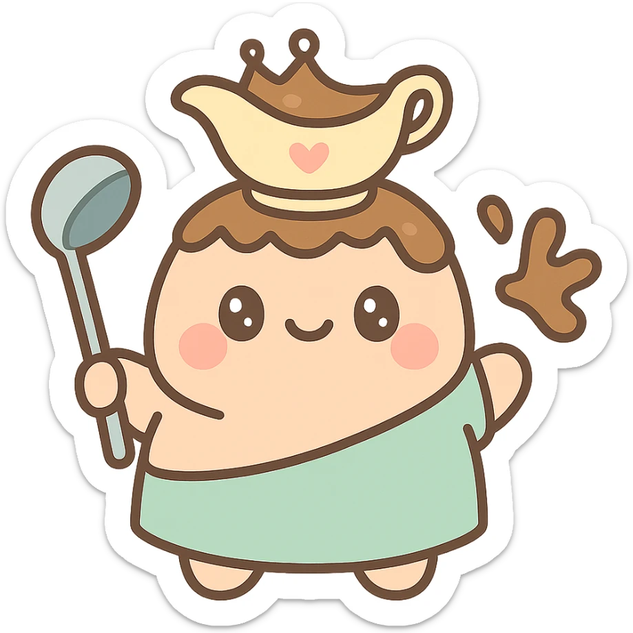 playful chubby king Gravy Lord with a gravy boat crown, holding a ladle, splash of gravy, cute approachable style sticker
