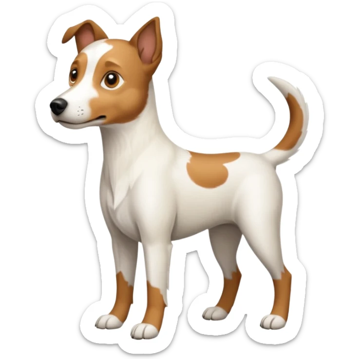 a full body white parson russell looking dog the size of a kelpie with light brown ears and a light brown patch on one eye and a large snout sticker