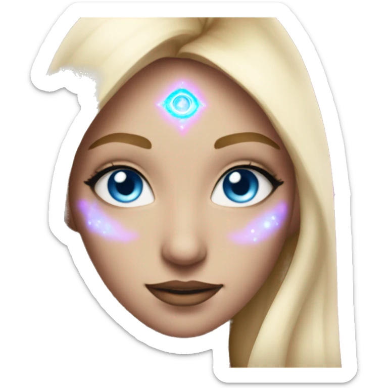 magical diva with thin pink andromedan face long blonde hair and blue eyes glowing third eye sticker