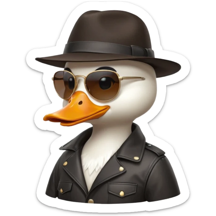 Cute white anthropomorphic duck gangster in black fedora hat, large sunglasses, orange beak, leather jacket. Glossy 3D cartoon emoji style, vibrant, detailed feathers/textures, side profile pose, transparent PNG background, ultra-detailed 8k, no text.
 sticker