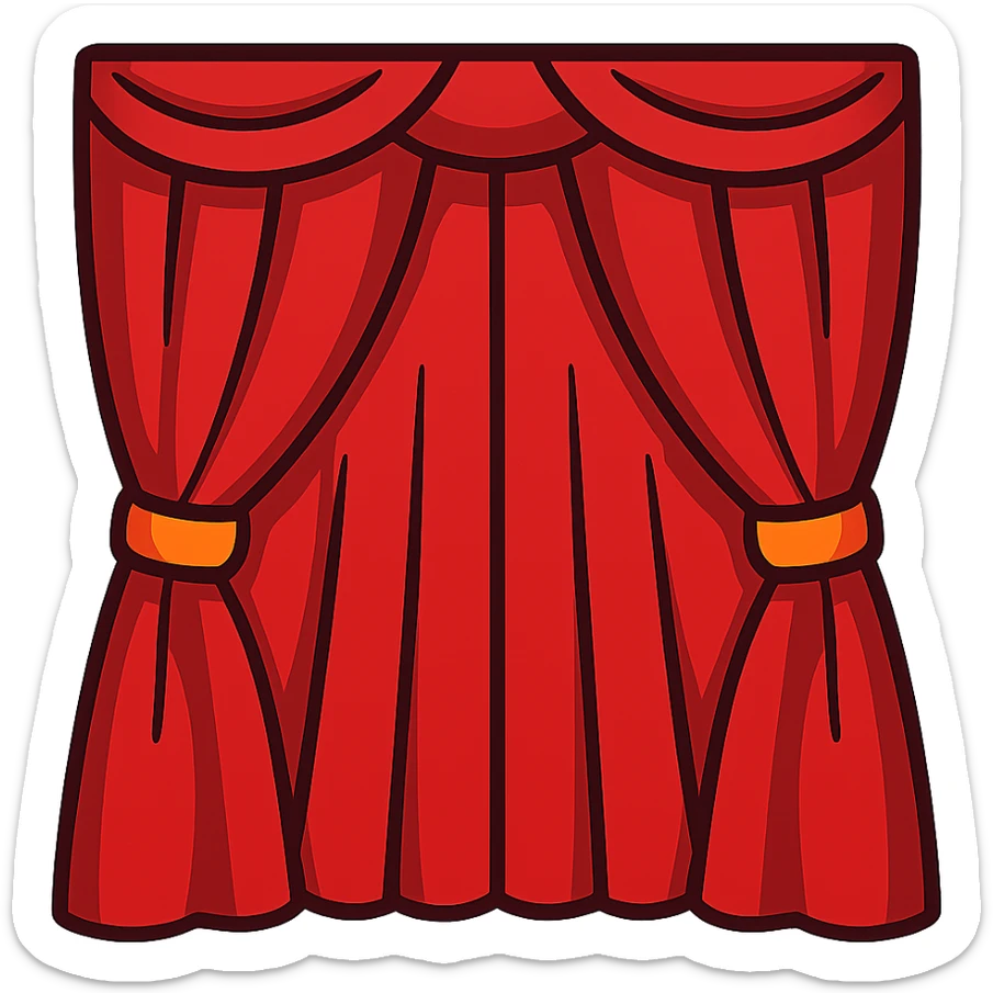 vibrant toon style illustration of a symmetrical red curtain, fully closed, both sides even sticker